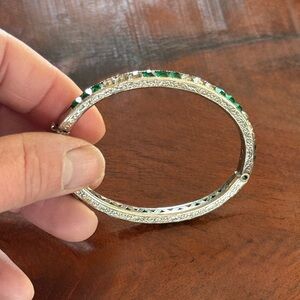 Vintage 1920’s Czech Silver & Paste Bangle Bracelet with Floral Chasing; 6.6”